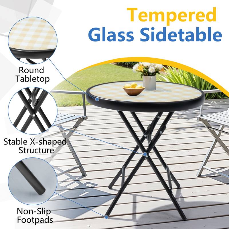 Outdoor Patio Folding Round Table Tempered Glass Top