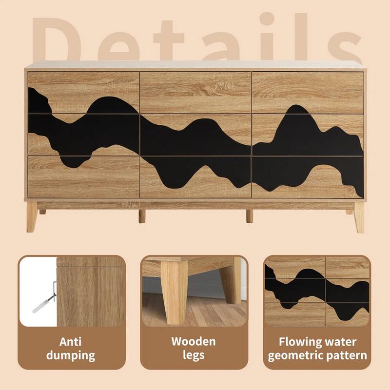 63" Wide 9 Drawer Dresser Dresser Storage Cabinet