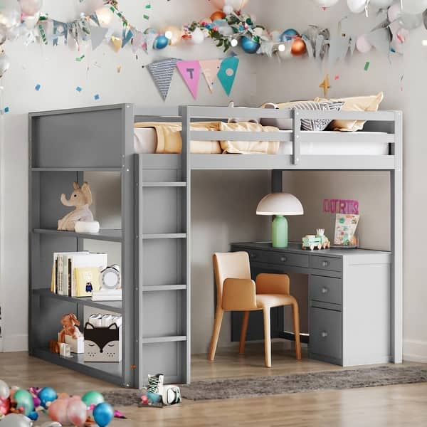 slide 2 of 22, Full Size Loft Bed With Ladder,Shelves and Desk for Home Grey