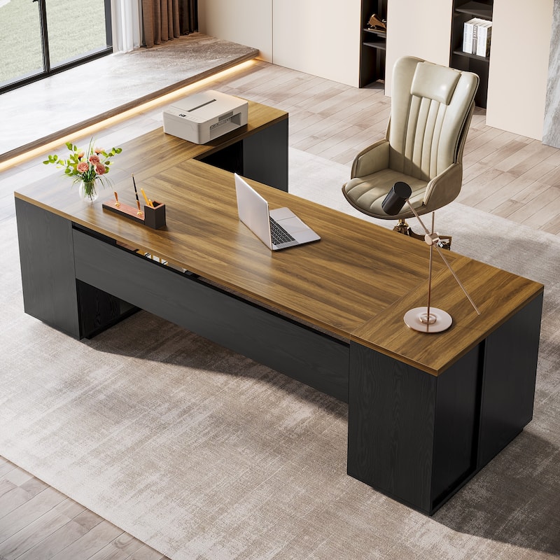 86'' L-Shaped Corner Executive Desk with File Drawers for Home Office - Brown+Black