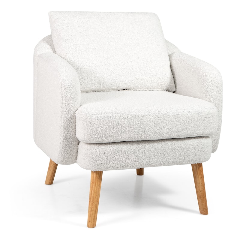 Gymax Sherpa Accent Chair w/ Seat Cushion & Pillow Rubber Wood Legs - White
