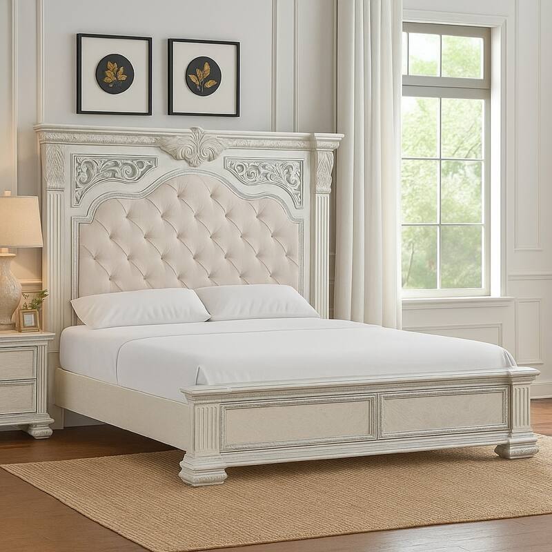Miamy Queen Bed, Creamy White Wood, Panel Design, Silver Brushed Accents