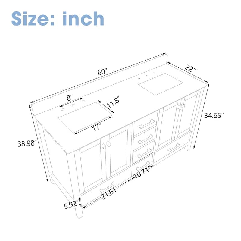Nephelily 60 inch Transitional White Bathroom Vanity, Double Sinks