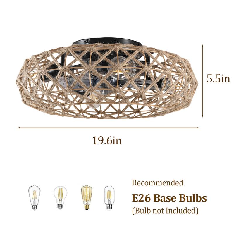 Ceiling-mounted Jute Rope Fan Light Strip with 4 Bulbs and Dimmable, Reversible DC Motor
