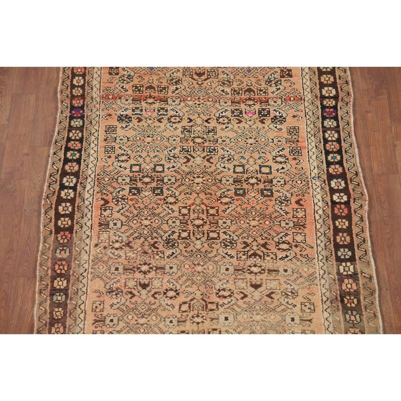 Hamedan Vintage Persian Runner Rug Handmade Orange Wool Carpet - 3'5" x 10'4"