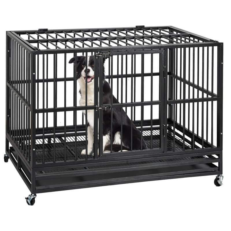 Large Indestructible Steel Dog Crate EscapeProof Kennel with 360° Wheels Top Opening - Black - Medium (20-50lbs)