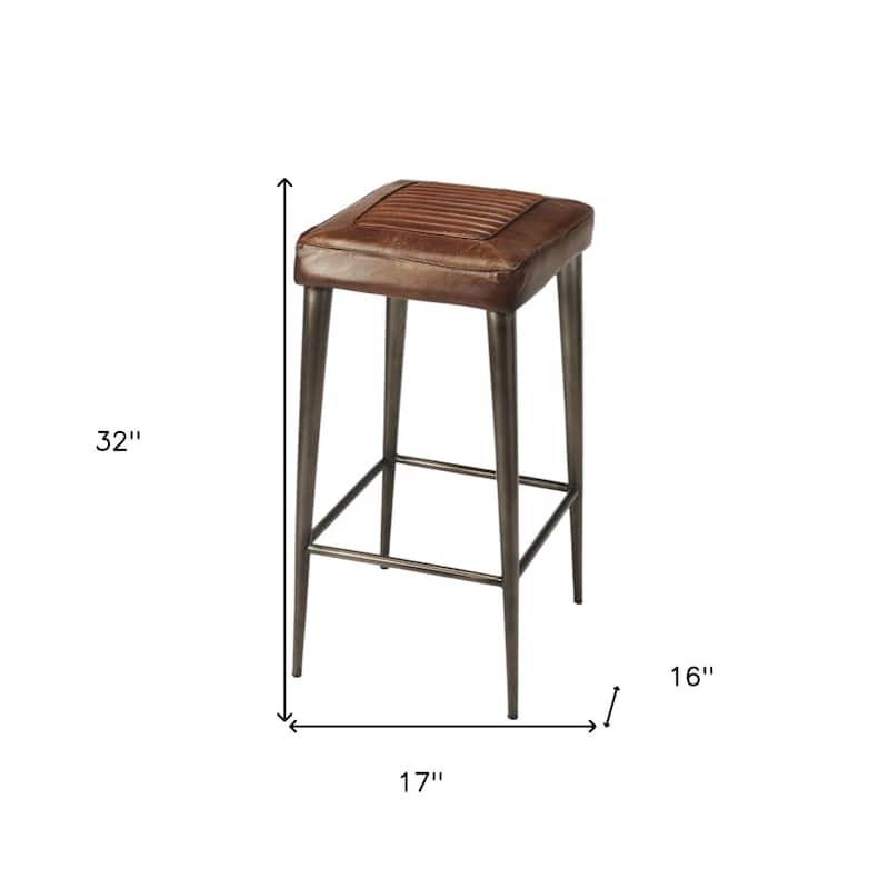 Brown-Grey Leather and Wood Backless Bar Stool with Iron Frame and Footrest - 17” L x 16” W x 32” H