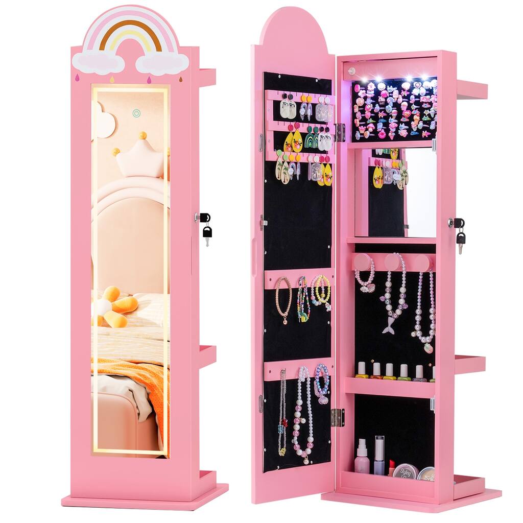 Gymax 3 In 1 Kids Jewelry Cabinet w/3-Color Lighted Full Length Mirror