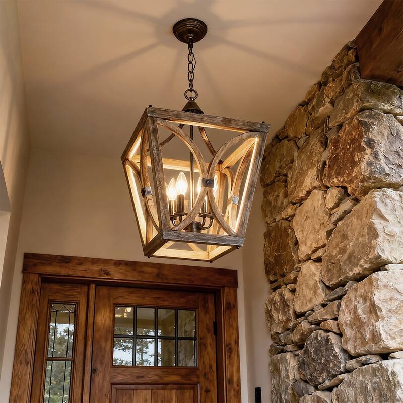 Farmhouse Chandelier for Kitchen/ 4-Light Wooden Pendant Lighting Fixtures over Dining Table - L15.5" xW15.5 "xH21.5"