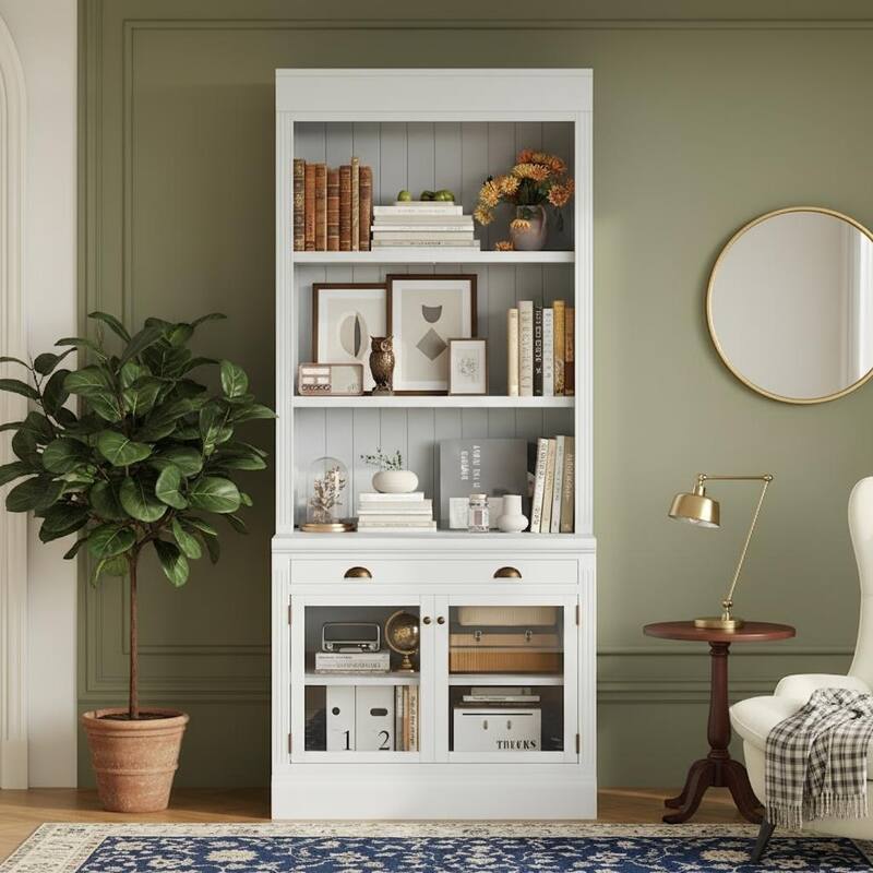 Merax Elegant Glass-Door Display Bookcase with Adjustable Shelves & Metal Hardware