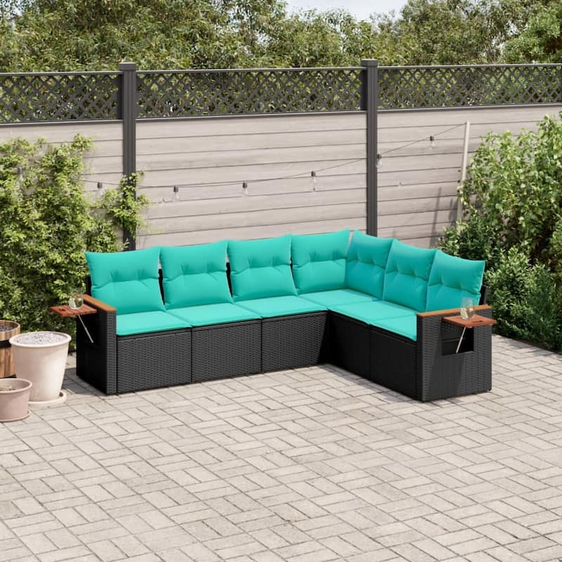 vidaXL 6 Piece Patio Sofa Set with Cushions Black Poly Rattan - 21.7x27.2x24.4-Without table