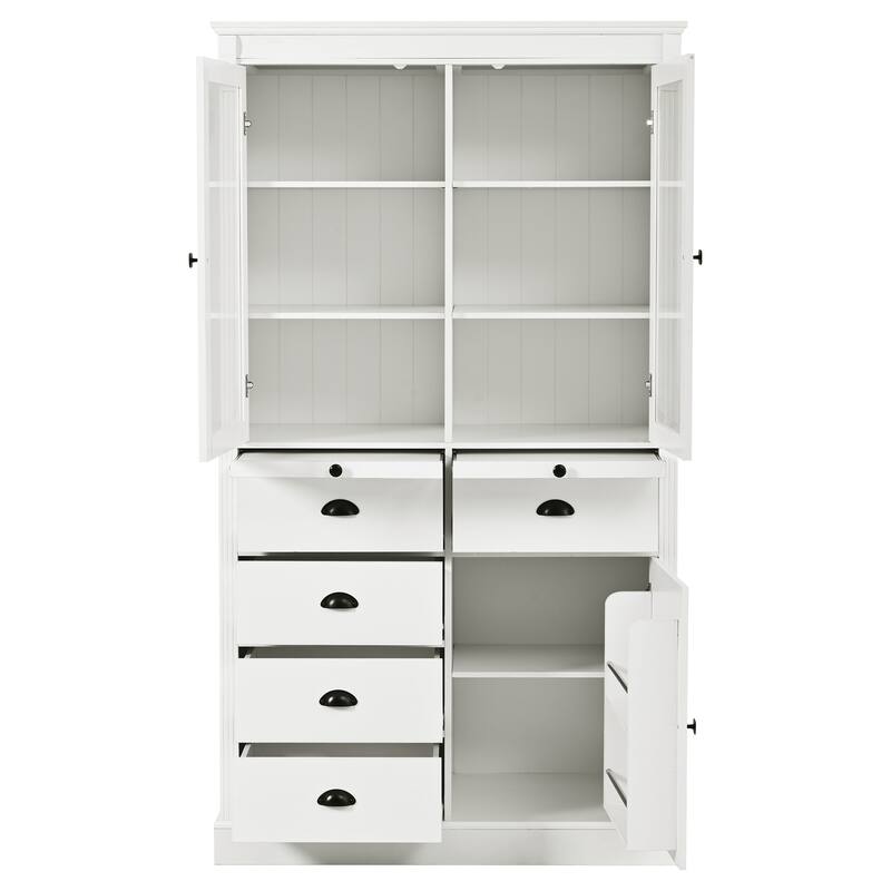72''H Kitchen Pantry, Display Storage Cabinet with Glass Doors and Drawers, Serving Trays and Shelves