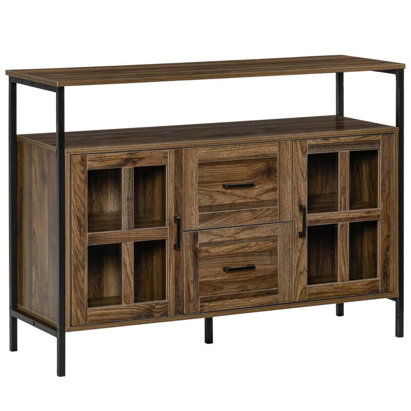 HOMCOM Rustic Kitchen Sideboard, Serving Buffet Cabinet with Adjustable Shelves, Glass Doors, and 2 Drawers