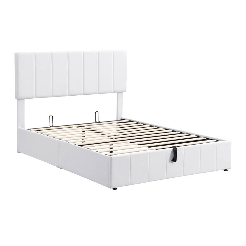 Queen Size Upholstered Platform Bed Frame with Hydraulic Lift Storage, Linen Fabric Headboard & Solid Wood Slat Support