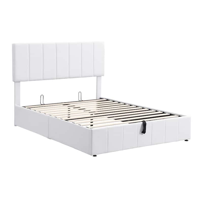 Full / Queen Sturdy Platform Bed with Hydraulic Lift Storage and Linen Headboard