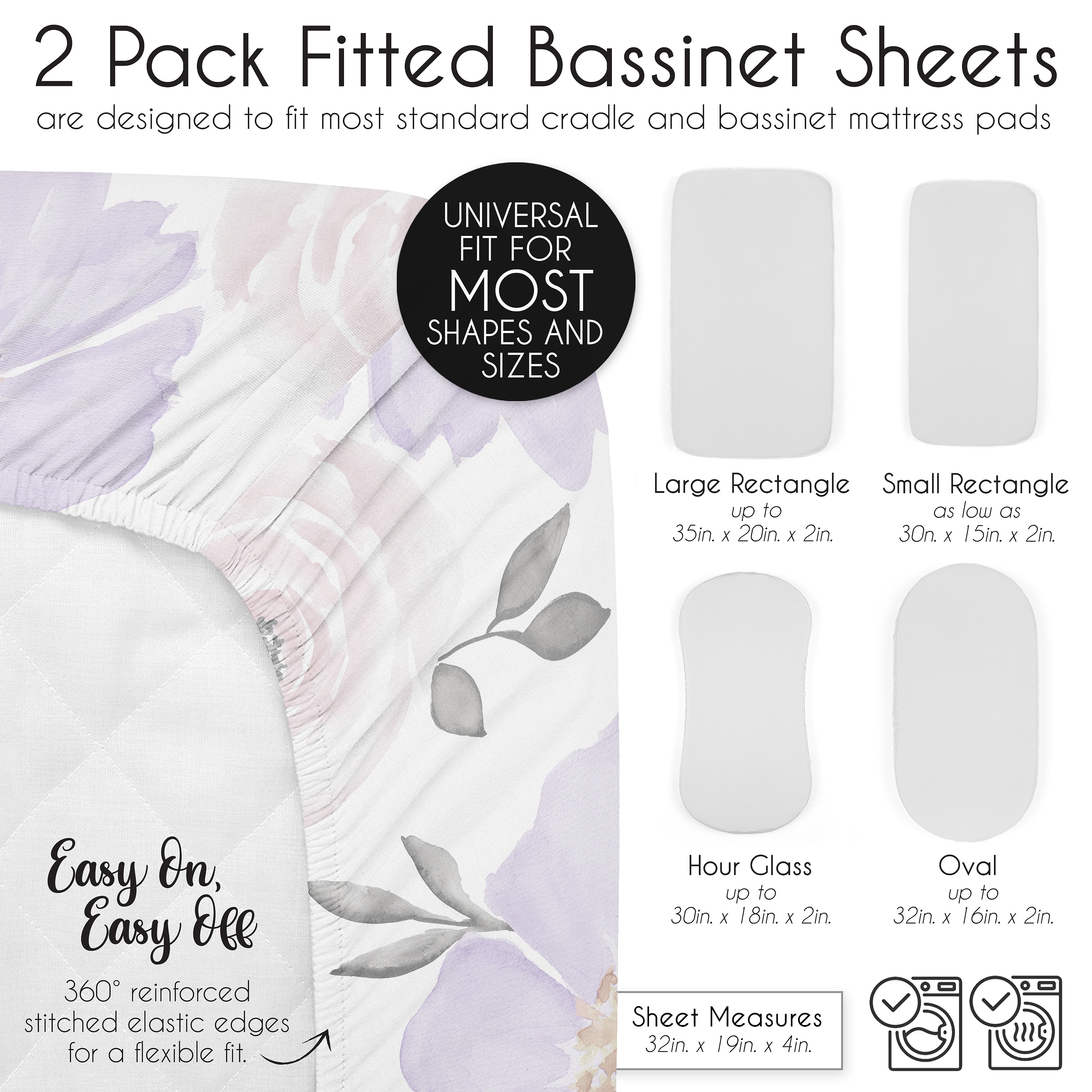 Sweet Jojo Designs Purple Boho Floral Girl 2 Pack Baby Bassinet Fitted Sheets Lavender Pink Bohemian Shabby Watercolor Farmhouse Bed Bath Beyond 40042642