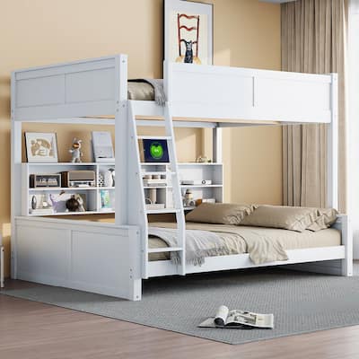 Antique Pine Full XL over Queen Bunk Bed with 6 Storage Cabinets & 4 USB/AC Ports (600lb Capacity)