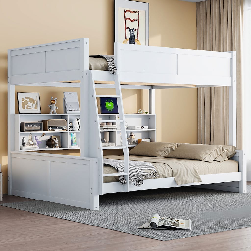 Antique Pine Full XL over Queen Bunk Bed with 6 Storage Cabinets & 4 USB/AC Ports (600lb Capacity)