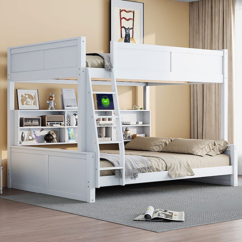 Full XL over Queen Bunk Bed with Storage Cabinets and USB Ports, Antique Wood Color