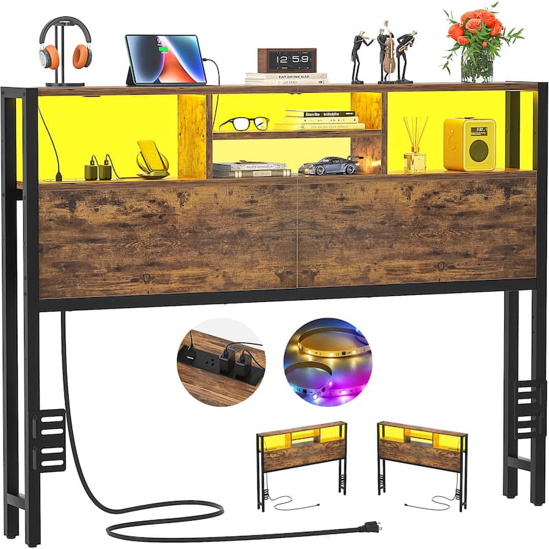 Headboard with Storage and Charge Station, Platform Bed Heaboard with LED Lights