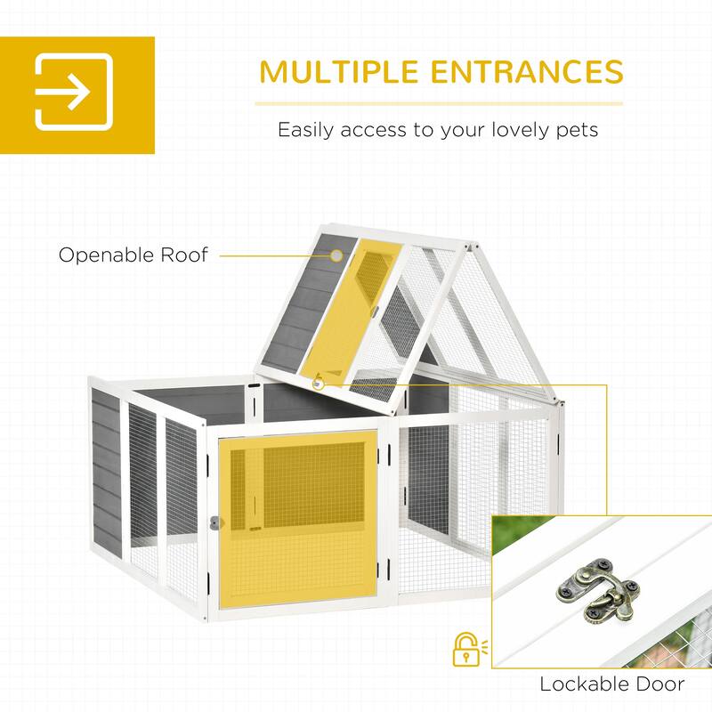 Grey Fir Wood Bunny Hutch with Metal Frame, Skylight & Foldable Roof - 47.2" L x 47.2" W x 23.6" H