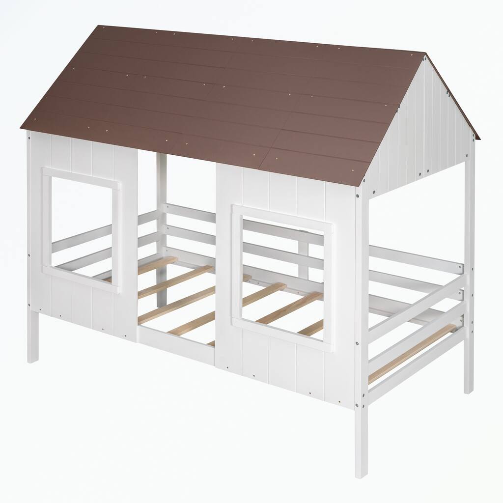 Twin Size Low Loft Wood House Bed with Two Front Windows - Overstock ...