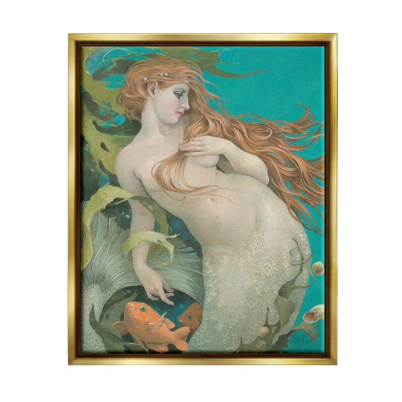 Stupell Mermaid & Fish Underwater Framed Floater Canvas Wall Art Design by Christina P. Wyatt - 17 x 21 - Gold