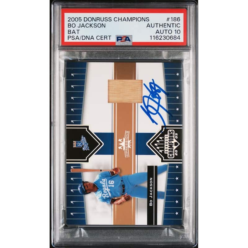Bo Jackson 2005 Donruss Champions Game Used Bat Baseball Signed Card #186 Auto Graded PSA 10 Cert # 116230684 - 8' x 11'