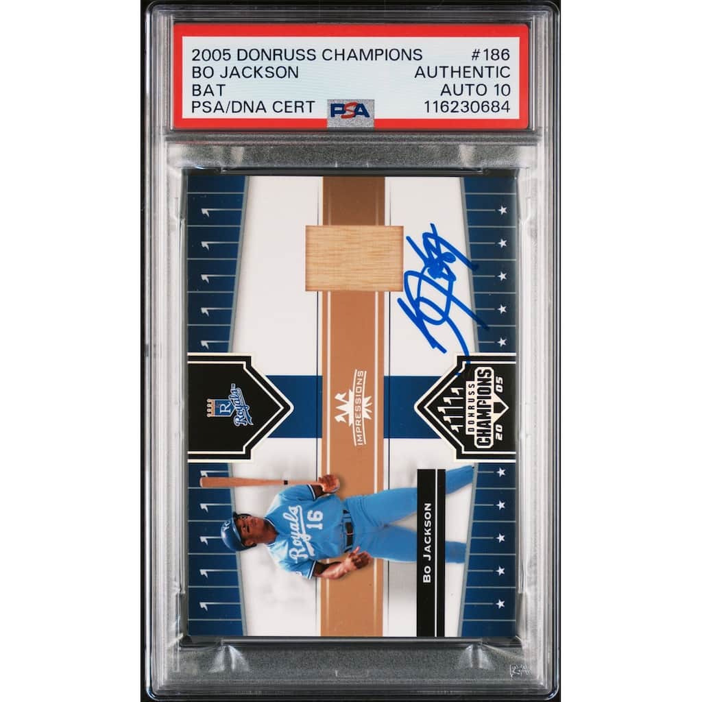 Bo Jackson 2005 Donruss Champions Game Used Bat Baseball Signed Card #186 Auto Graded PSA 10 Cert # 116230684 - 8' x 11'