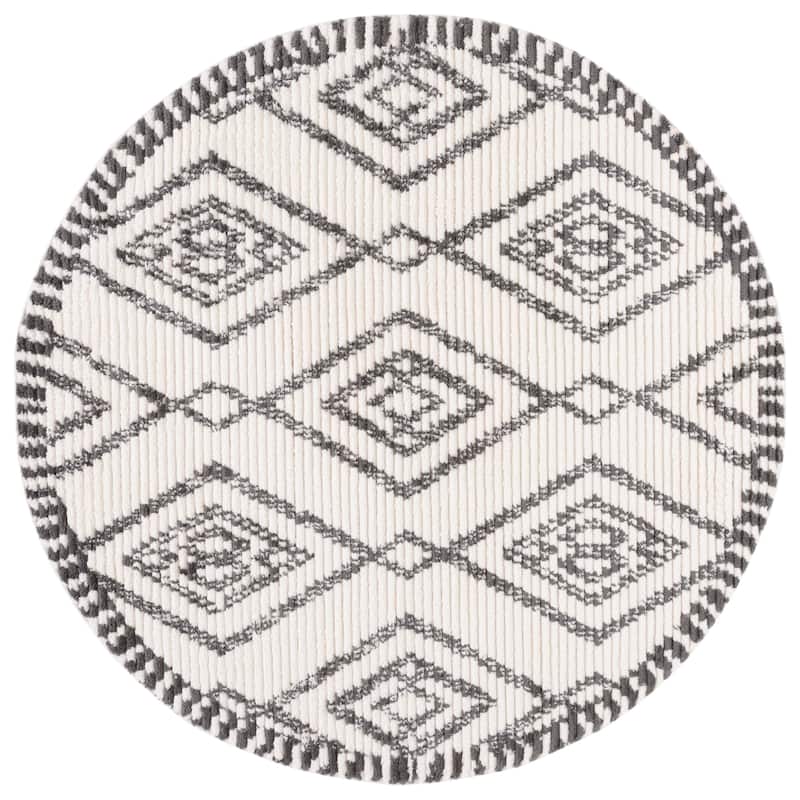 SAFAVIEH Marrakech Athanasia Moroccan Boho Tribal Rug - 6'7" Round - Ivory/Dark Grey