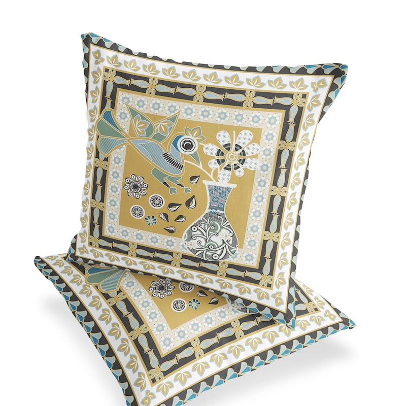 HomeRoots Set of Two 16" X 16" Beige and White Peacock Blown Seam Floral Indoor Outdoor Throw Pillow - 16.00' X '16.00' X '5.00