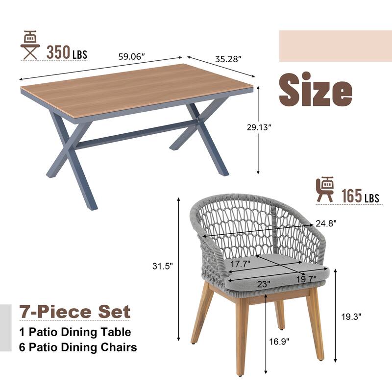 Outdoor 7-Piece Dining Chair with Rope-woven Backrest and Table Set
