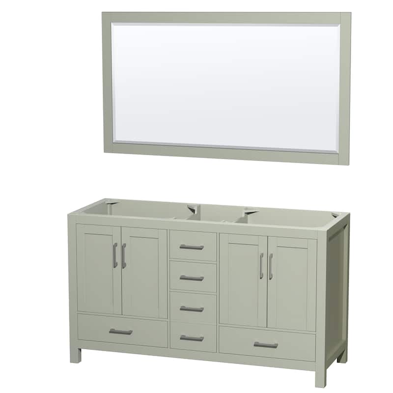 Wyndham Collection Sheffield Double Vanity Cabinet, 58-inch Mirror - Light Green, No Top, Nickel Trim