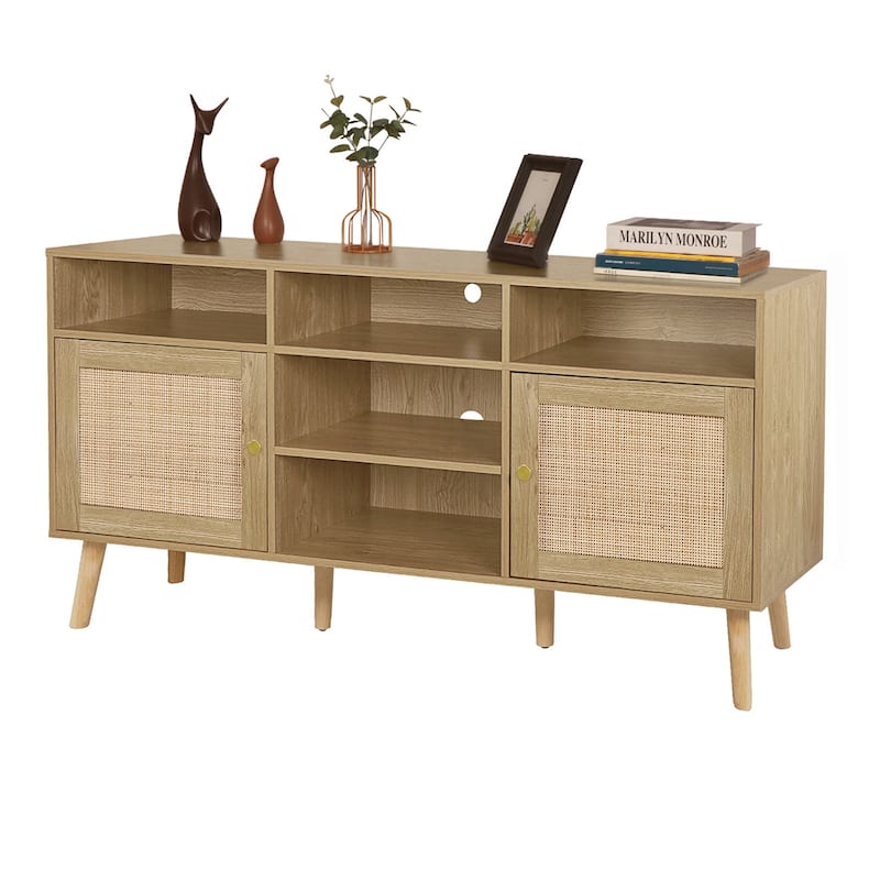 Anmytek Modern Rattan Wood TV Stand Console Table Entertainment Centers for TVs up to 65" - 59"
