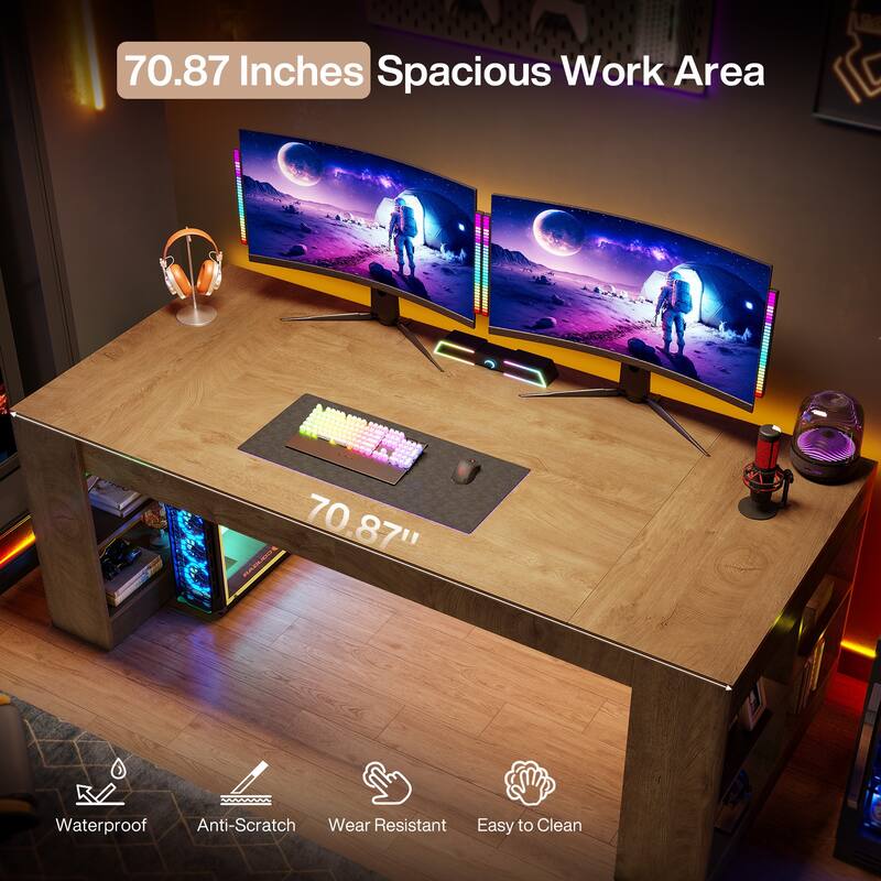 70.87-Inch Executive Desk with Storage Shelves, Wooden Large Office Computer Desk for Home Office