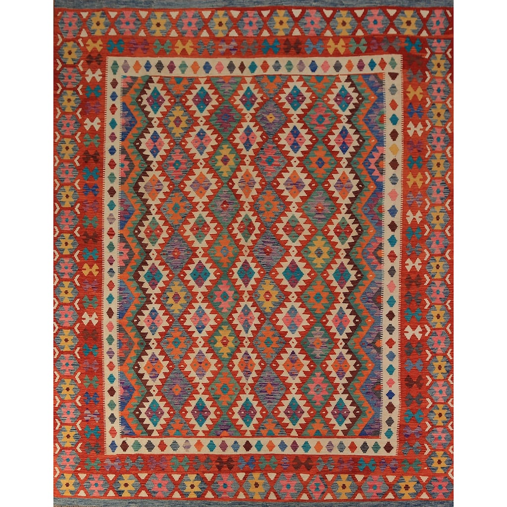 Reversible Kilim Oriental Area Rug Hand-Woven Orange Wool Carpet - 8'2" x 9'9"