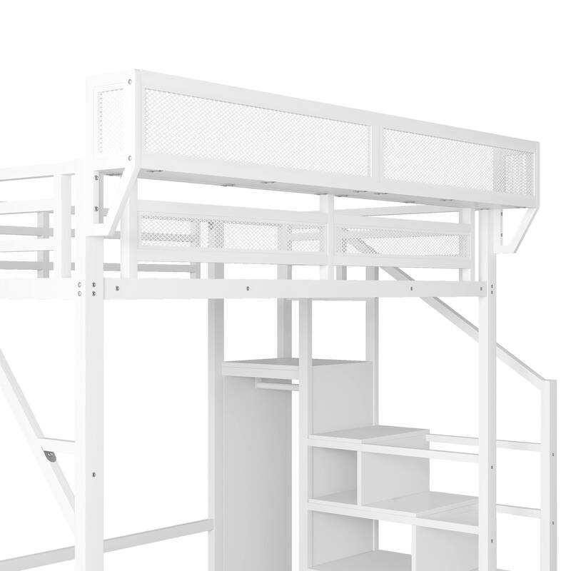Heavy Duty Metal Storage Loft Bed with Bedside Shelf and Under Bed Storage, Iron High Loftbed Frame with Built In Wardrobe