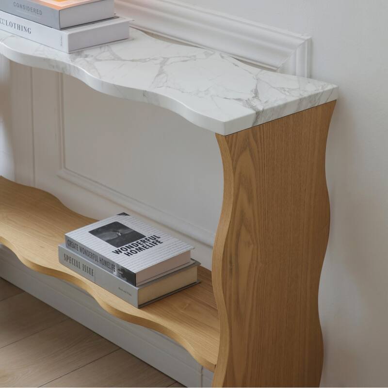Modern Marble-Pattern Console Table Sofa Table Entryway Table with Open Storage Shelf, for Living Room, Natural Wood