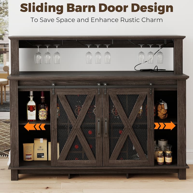 EROMMY Farmhouse Coffee Bar Cabinet with LED Lights, Sliding Barn Door, Wine Racks and Glass Holder, Home Liquor Cabinet
