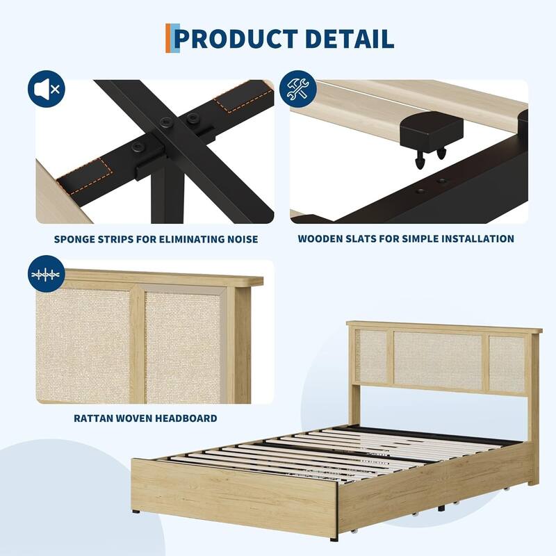 Boho-Style Platform Bed Frame with Natural Rattan Headboard, 4 Drawers, No Box Spring Required