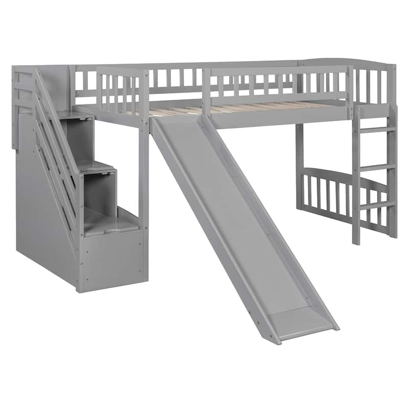 Stairway Twin Size Loft Bed with Two Drawers and Slide, Solid Wood Frame, Convertible Ladder, and Storage Space