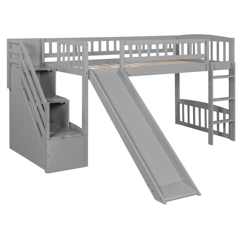 Twin Size Loft Bed with Drawers, Slide, and Staircase, Gray