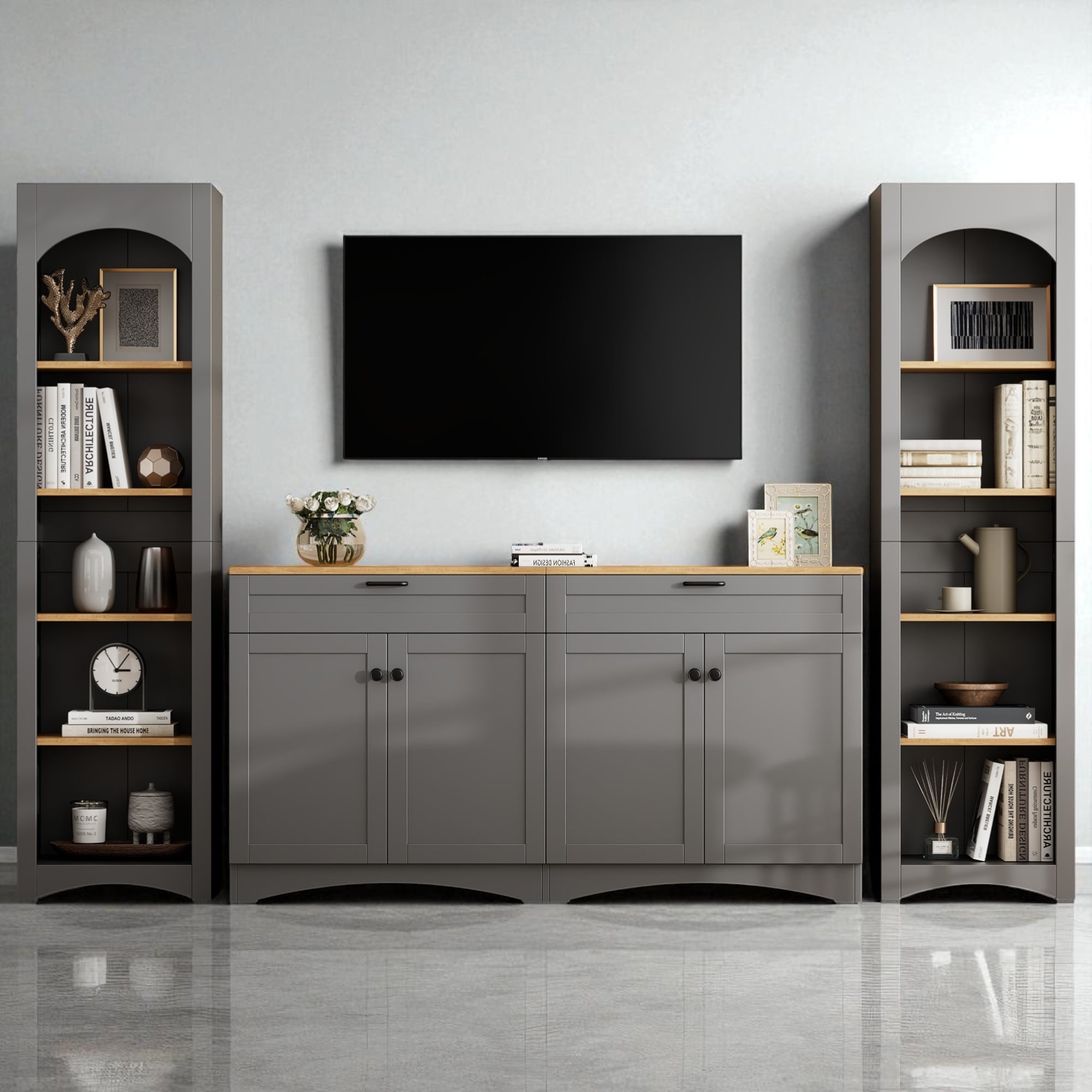 3 Piece Farmhouse Entertainment Center with TV Stand Sideboard and Bookshelf for Living Room Dining Room