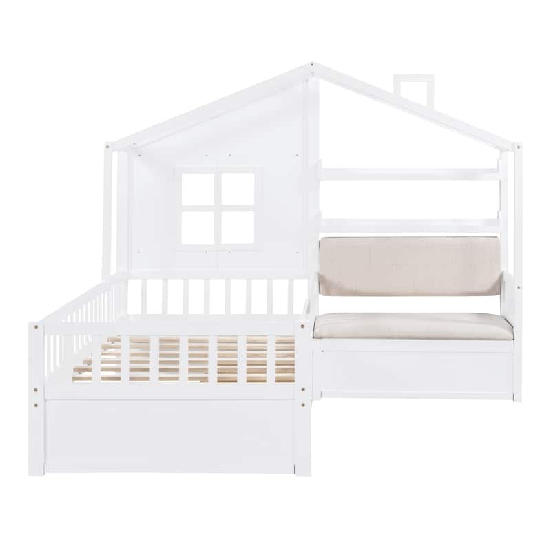 Wood House Bed Frame Side Linen Upholstered Sofa, Under Bed 2 Pull-out Storage Drawers, Pitched Roof Platform Bed