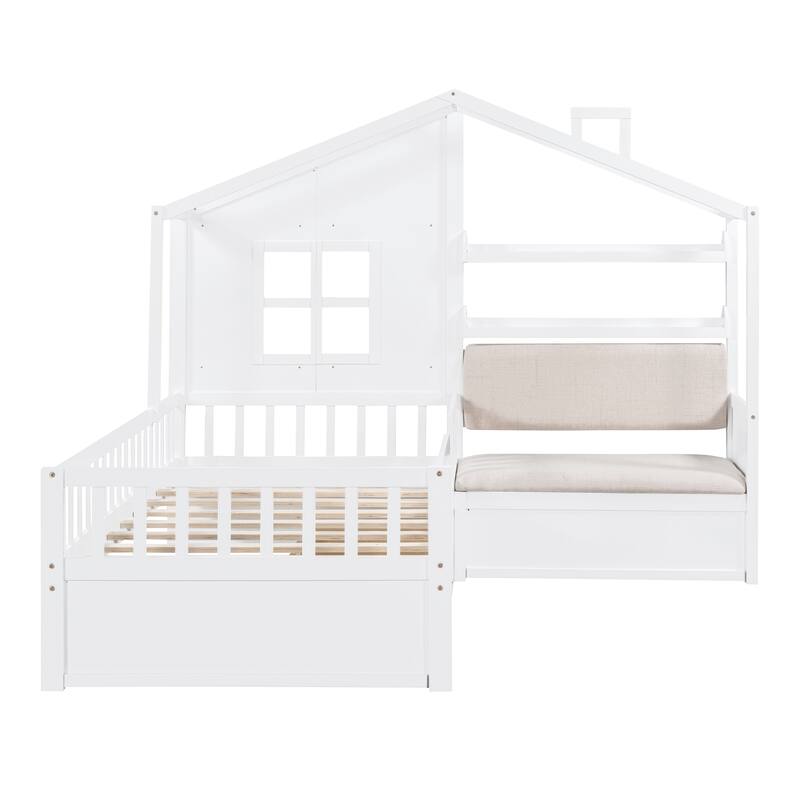 Twin Size Wooden House Bed with Sofa, Kids Playhouse Platform Bed with Two Drawers and Storage Shelf