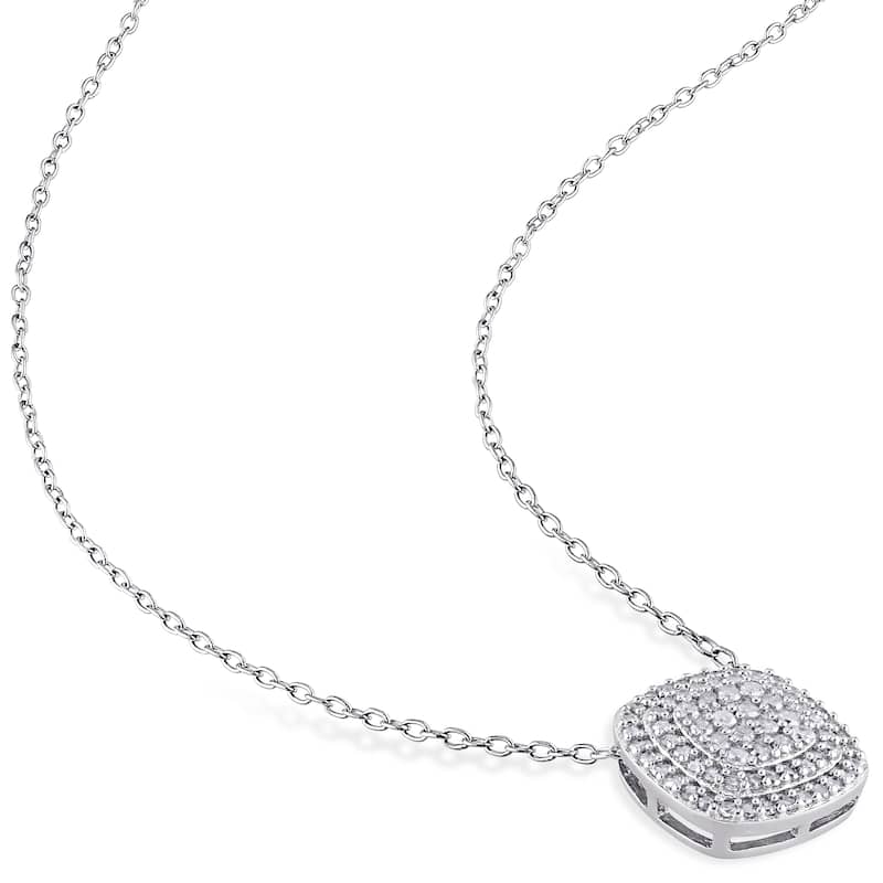 Miadora Sterling Silver 1/2ct TDW Diamond Double-Halo Square Cluster Necklace - White