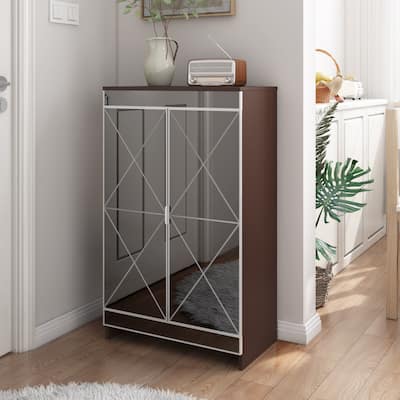 Elegant Decor Mirrored Cabinet with Silver Edging,Mirrored Cabinet with Double Door Storage,Shoe Storage Cabinet for Entryway