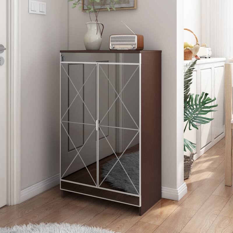Modern Mirrored Shoe Storage Organizer Cabinet with Frosted Glass and Geometric Carvings for Elegant Storage in Small Spaces