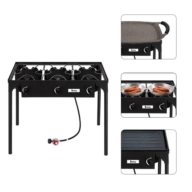 Three Portable Cast Iron Patio Cooking Burner - Black