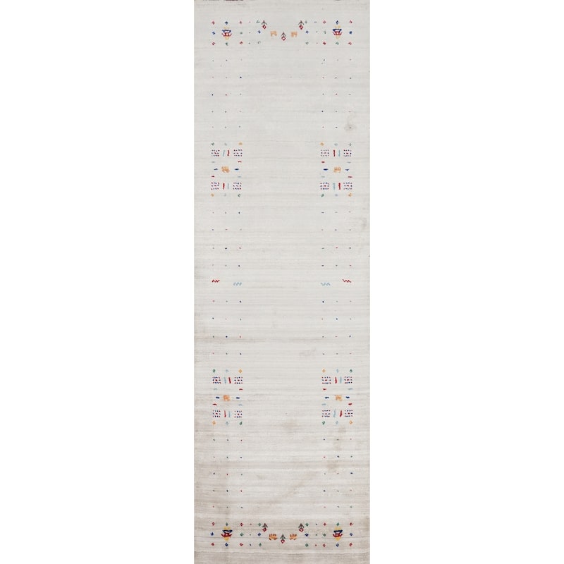 Hand Knotted Oriental Viscose Silk Carpet Tribal Animal Pictorial Beige & Ivories Gabbeh Runner Rug - 9' 9'' X 2' 6''